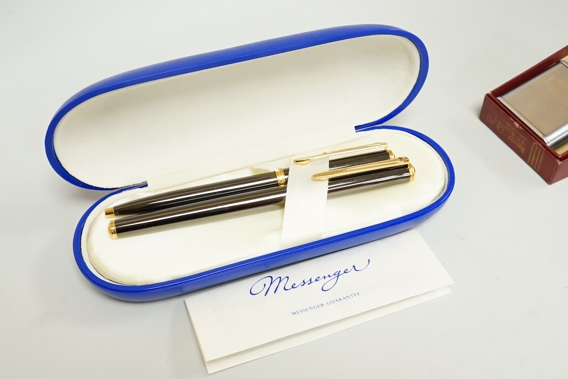 A cased Messenger pen and pencil set, a Waterman pen, etc.